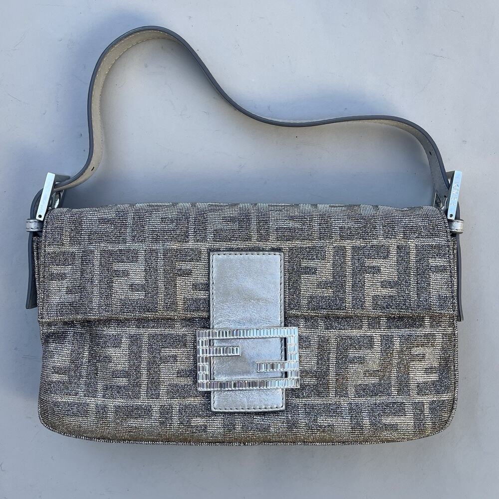 Fendi FF Metallic iridescent Mamma Baguette Shoulder Bag Crystal Logo Hardware